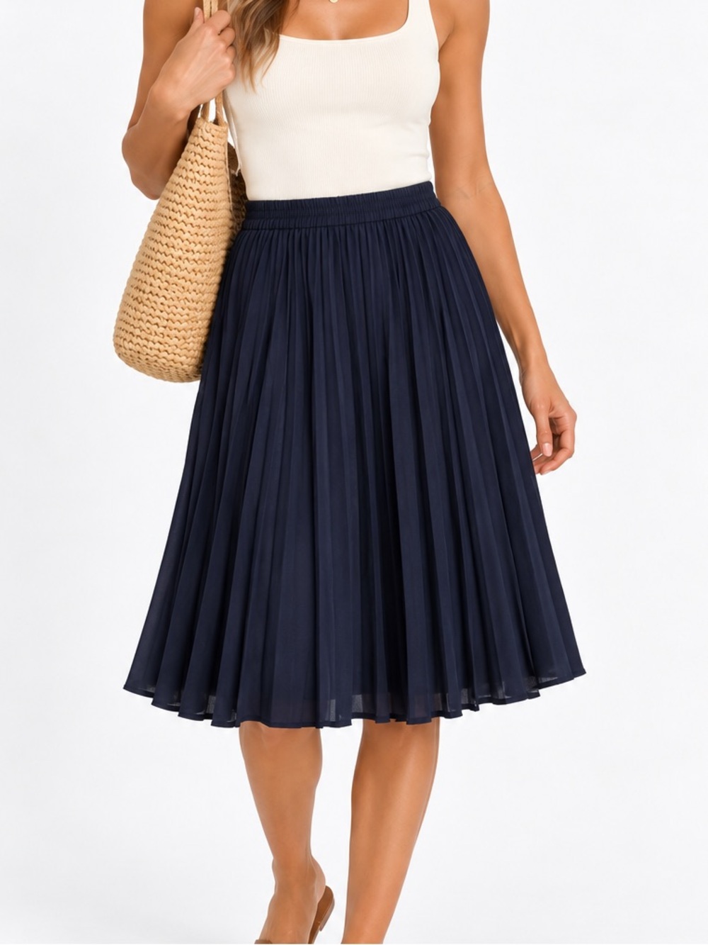 Chelsea & Theodore Navy Pleated Midi Skirt Size 4 Elastic Waist